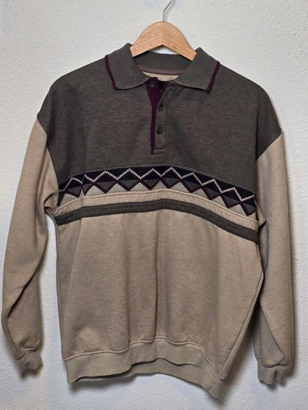 Thomson Shirtmakers Sweater Men’s L Beige Gray Geometric Collared Pullover Knit